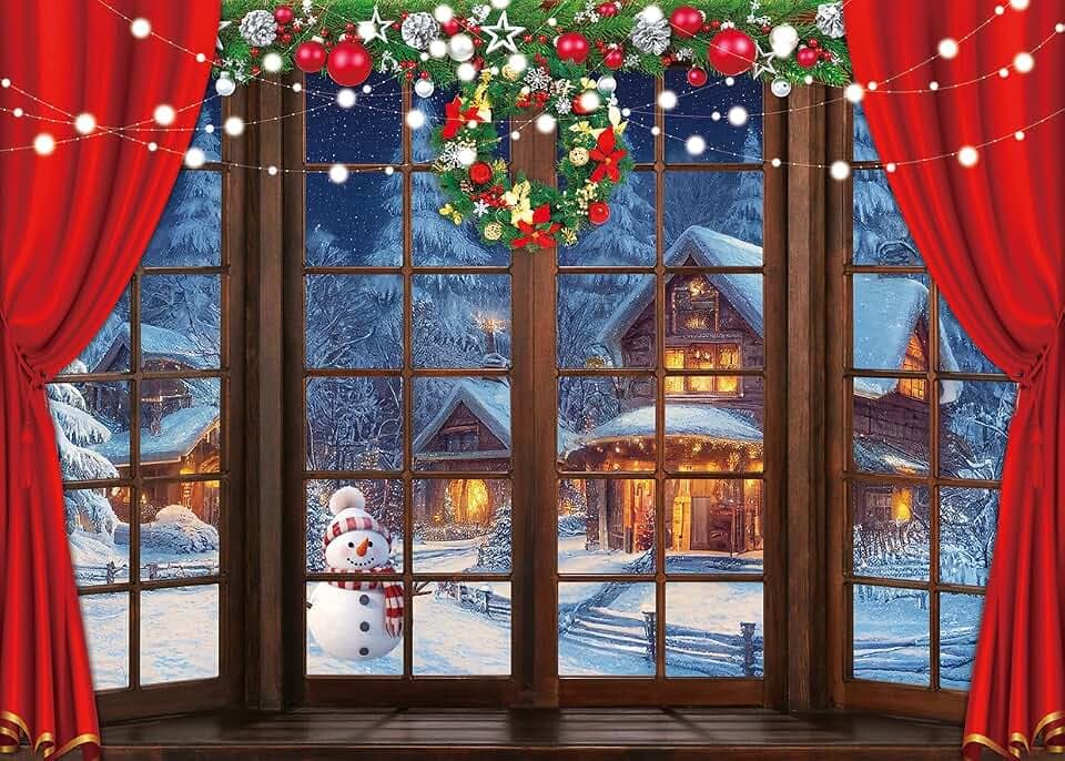 Christmas Backdrop Christmas Window Backdrop for Photography Red Curtain Xmas Photo Backdrops cp-566 7x5ft