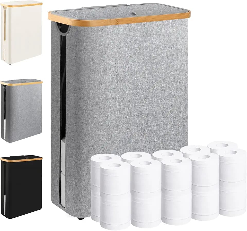 Extra Large Toilet Paper Storage Basket with Lid 49L Slim Toilet Paper Basket Holder Bin Container Organizer for Bathroom Hold up to 20 Regular Rolls or 15 Mega Rolls
