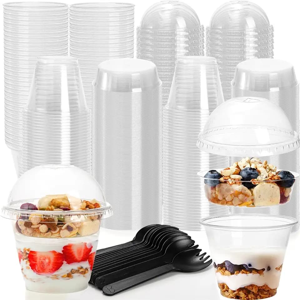 Pumtus 100 Pack Plastic Parfait Cups with Insert & Dome Lids, 9 OZ Clear Yogurt Fruit Parfait Container with Fork, Disposable To-Go Cup, Party Dessert Cup for Cereal, Veggies, Dips