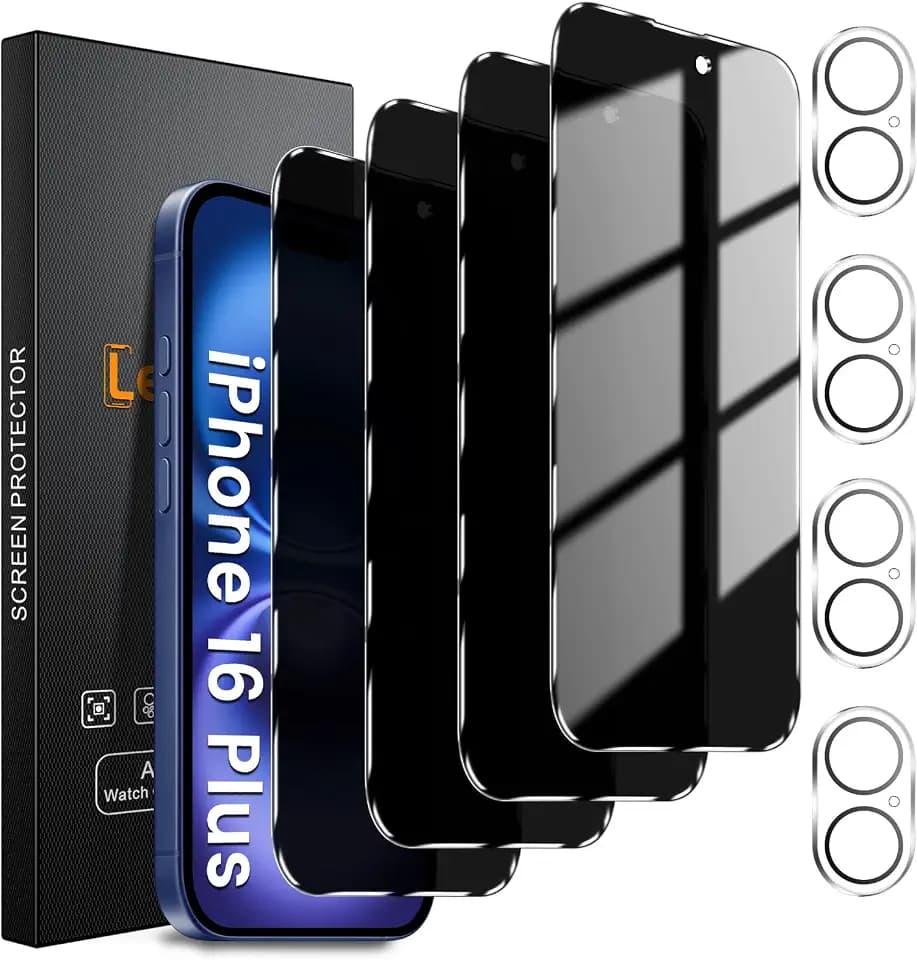 Lesakit 4+4 Pack Privacy Screen Protector for iPhone 16 Plus 6.7-Inch with 4 Pack Camera Lens Protector, Anti Spy Tempered Glass Film 9H Hardness Case Friendly