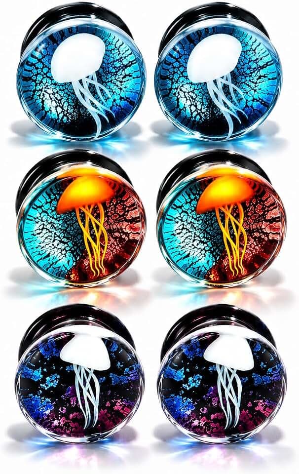 Yungger One Pair / 3 Pairs Glass Plugs Double Flare Saddle Jellyfish Ear Plugs Kit Gauge 0G-5/8 inch