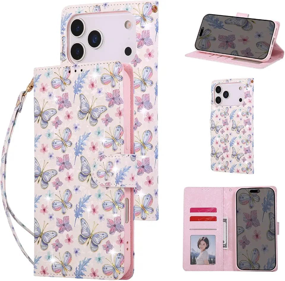 UEEBAI Wallet Case for iPhone 18 Pro/17 Pro, PU Leather Phone Cover Kickstand RFID Blocking Flip Case Card Slots Wrist Strap Relief Engraved Pattern Magnetic Closure Flower Folio Wallet, Butterfly