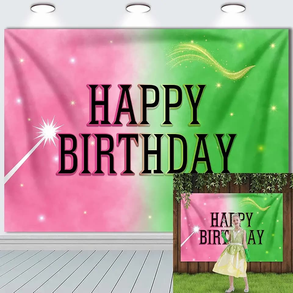 Pink and Green Happy Birthday Backdrop 8x6FT Witch Movie Theme Party Decoration Banner Kids Girl Birthday Party Decoration Background Supplies