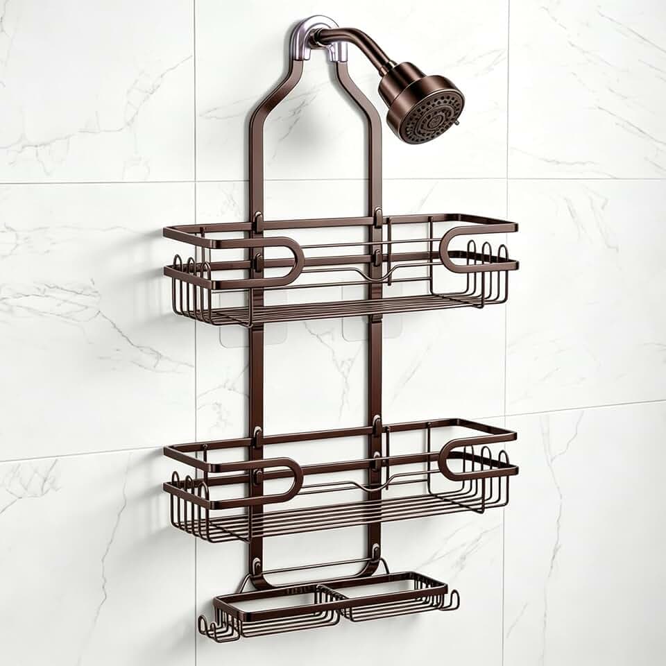 Shower Caddy Hanging, Over Head Shower Caddy Shower Storage Rack Basket with Hooks for Razor and Sponge Rustproof, No Drilling, Accessories for Bathroom and Kitchen, Bronze