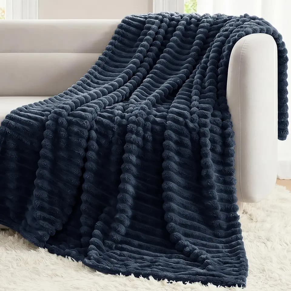 CozyLux Navy Blue Throw Blanket for Couch, Ribbed Fleece, 50 x 60 Inch