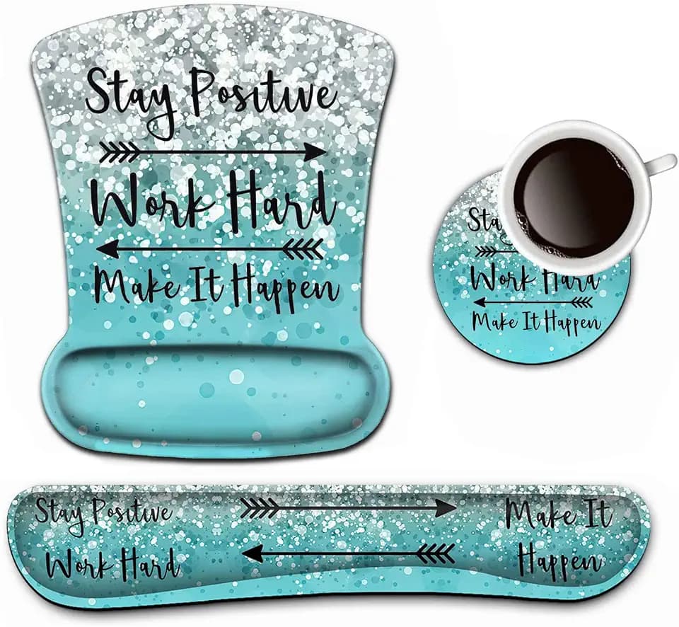 Keyboard Wrist Rest and Mouse Pad Wrist Support Set,Stay Positive Work Hard and Make It Happen Blue Ergonomic Gel Mouse Pad,Easy Typing Pain Relief,Keyboard Mousepad Set with Coasters