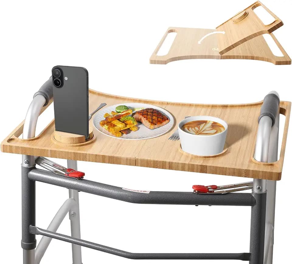 Walker Tray with Phone Holder & Cup Holder - Adjustable Multipurpose Bamboo Tray Table for Eating, Reading, Crafts | Universal Attachment for Folding Walkers, Laptop Stand, Medical Accessories