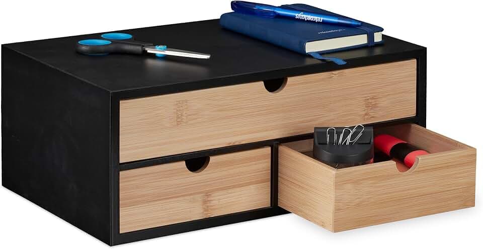 Relaxdays Schreibtisch Organizer, 3 Schubladen, Bambus & MDF, Schreibtischbutler Büro, HBT: 13,5x33x21 cm, Natur/schwarz