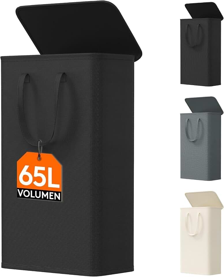 Lifewit 65L schmaler faltbarer Wäschekorb mit Deckel, Schwarz