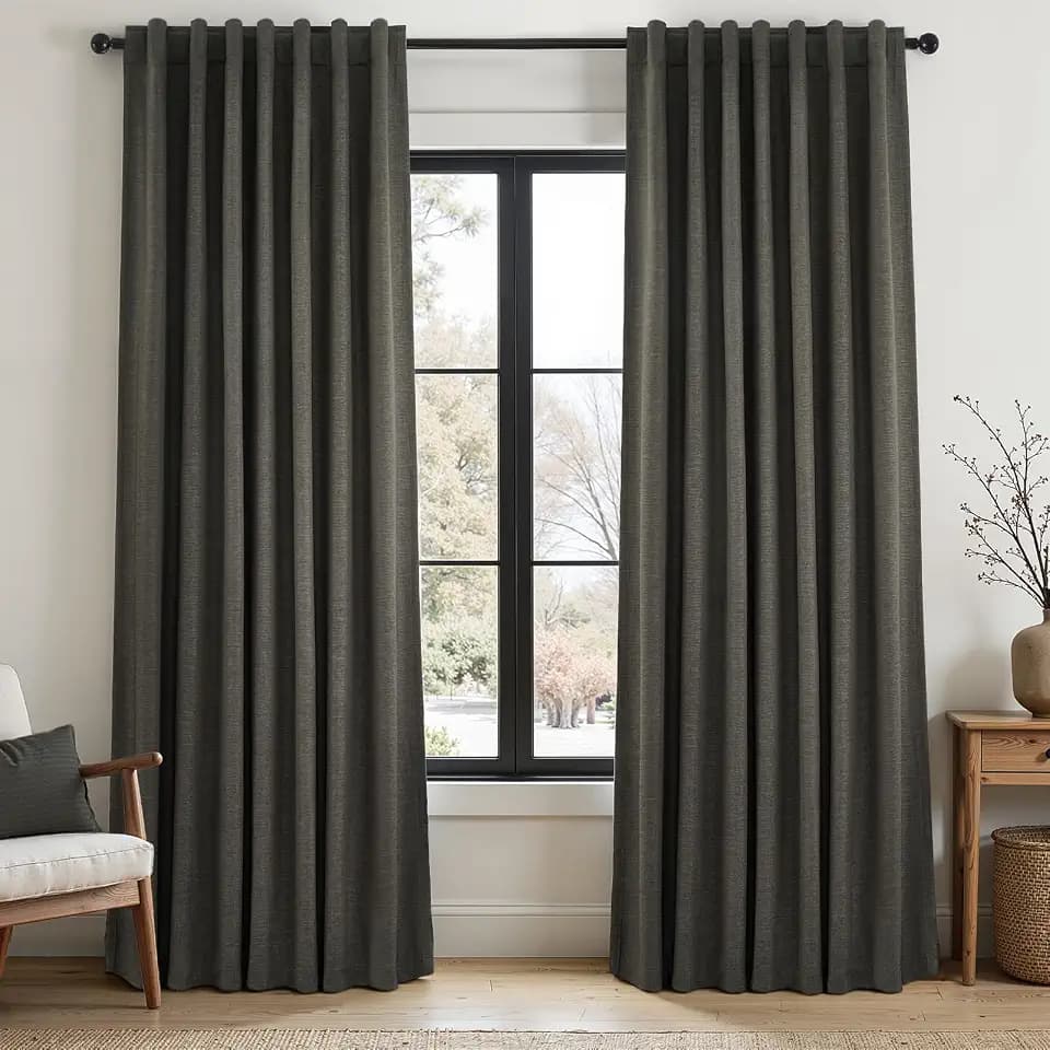 Topfinel Linen Blackout Curtain 90 Inches Long for Bedroom/Living Room Thermal Insulated Back Tab Linen Curtain Drapes Primitive Textured Burlap Effect Window Drapes 2 Panel, Heather Charcoal Gray