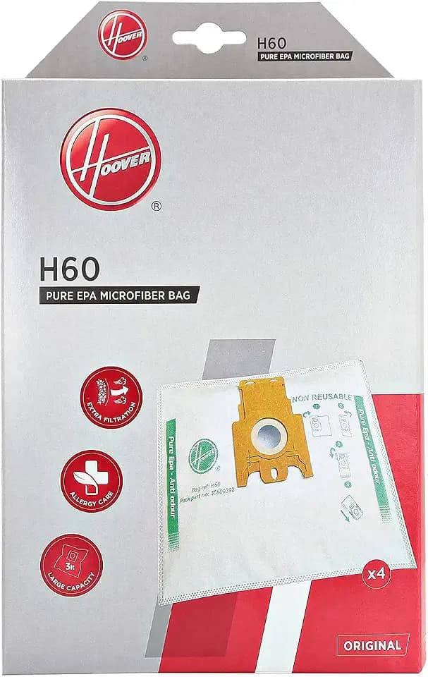 Hoover H60 Staubsaugerbeutel, Originalersatzteil, Mikrofaser, Pure EPA, geruchsabsorbierendes Aktivkohlesystem, kompatibel mit Hoover Bodenstaubsaugern, 4 Stück