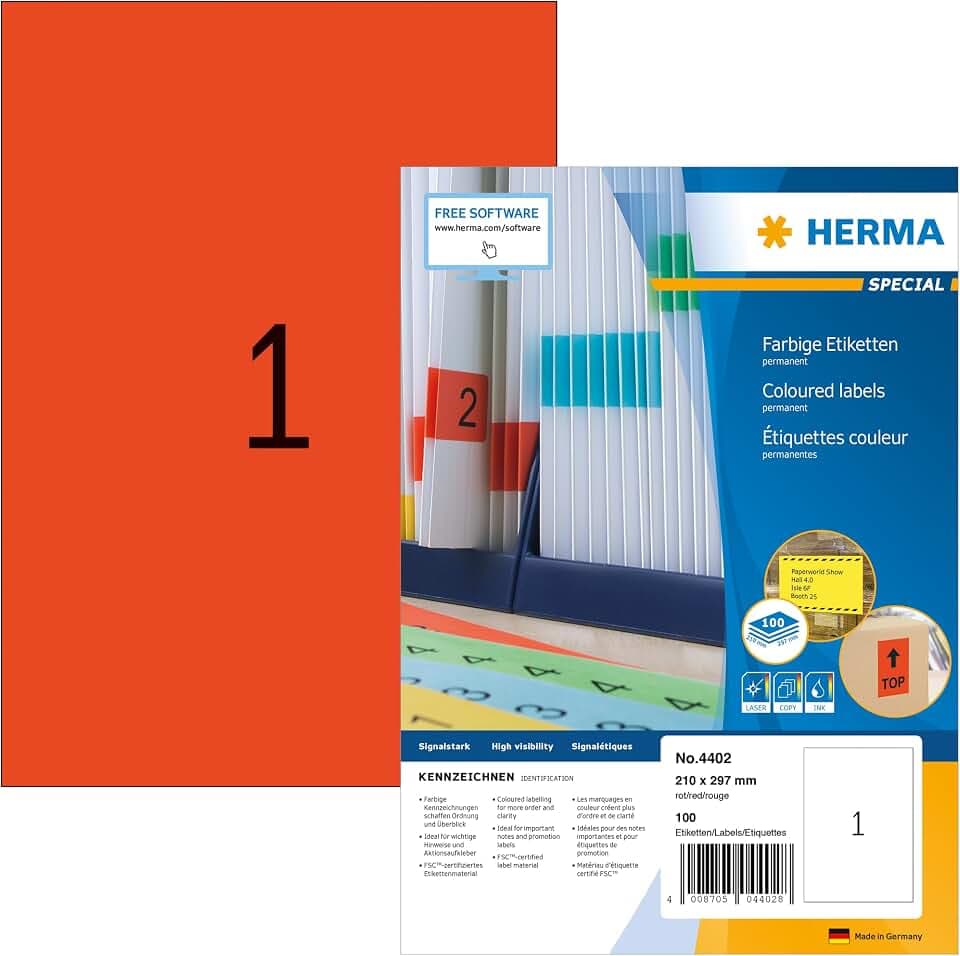 HERMA 4402 Farbige Etiketten rot, 100 Blatt, 210 x 297 mm, 1 pro A4 Bogen, 100 Stück, selbstklebend, bedruckbar, matt, blanko Papier Farbetiketten Aufkleber