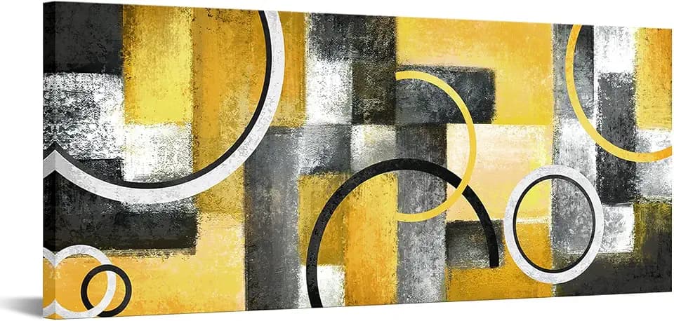 WELMECO Yellow and Grey Abstract Geometric Circle Picture Painting Canvas Prints Gallery Wrap Artwork for Home Living Room Bedroom Wall Decoration (Yellow)