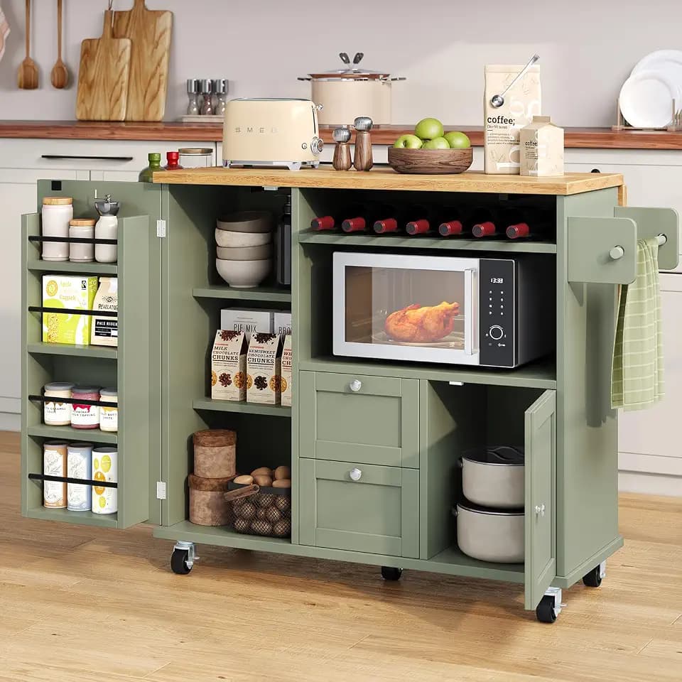 knoworld Rolling Kitchen Island with Storage Cabinet, 41.3'' Width Kitchen Cart with Desktop Drop Leaf Countertop, Portable Mobile Island with Towel Rack, Spice Rack Shelf and Lockable Wheels, Green