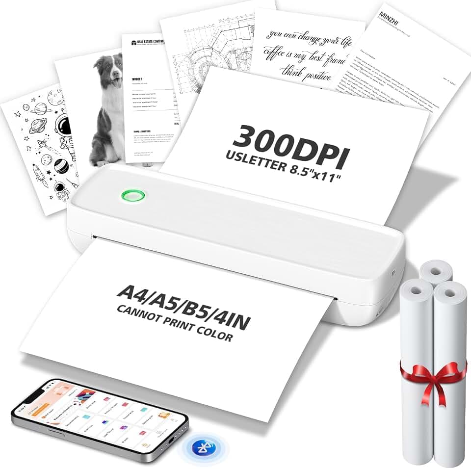 MinZhi Portable Thermal Printer,Wireless Supports 8.5" X 11"US Letter&Legal,A4&A5 Paper,Bluetooth Inkless Travel Compatible with Android iOS & Laptop for Office Travel Home