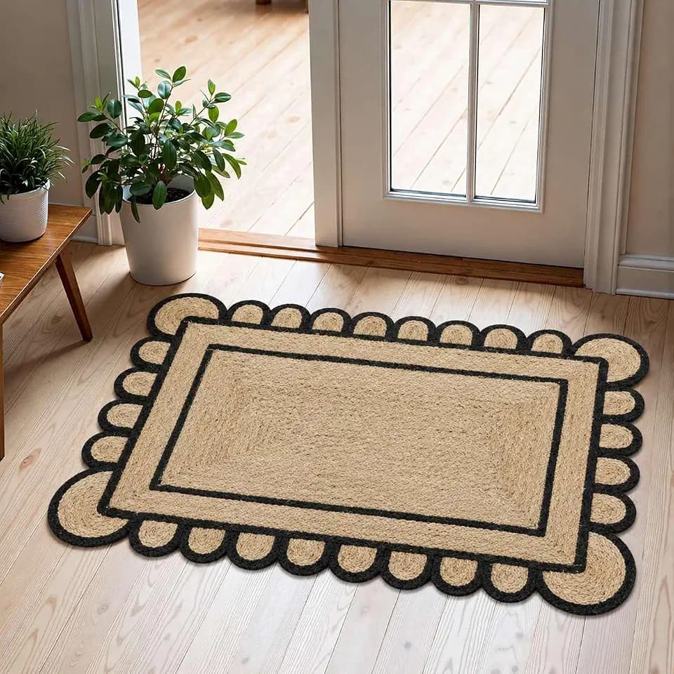 Scalloped Natural Jute Door Mat 2x3 Ft, Boho Area Rug with Black Trim & Non Slip Backing for Entryway