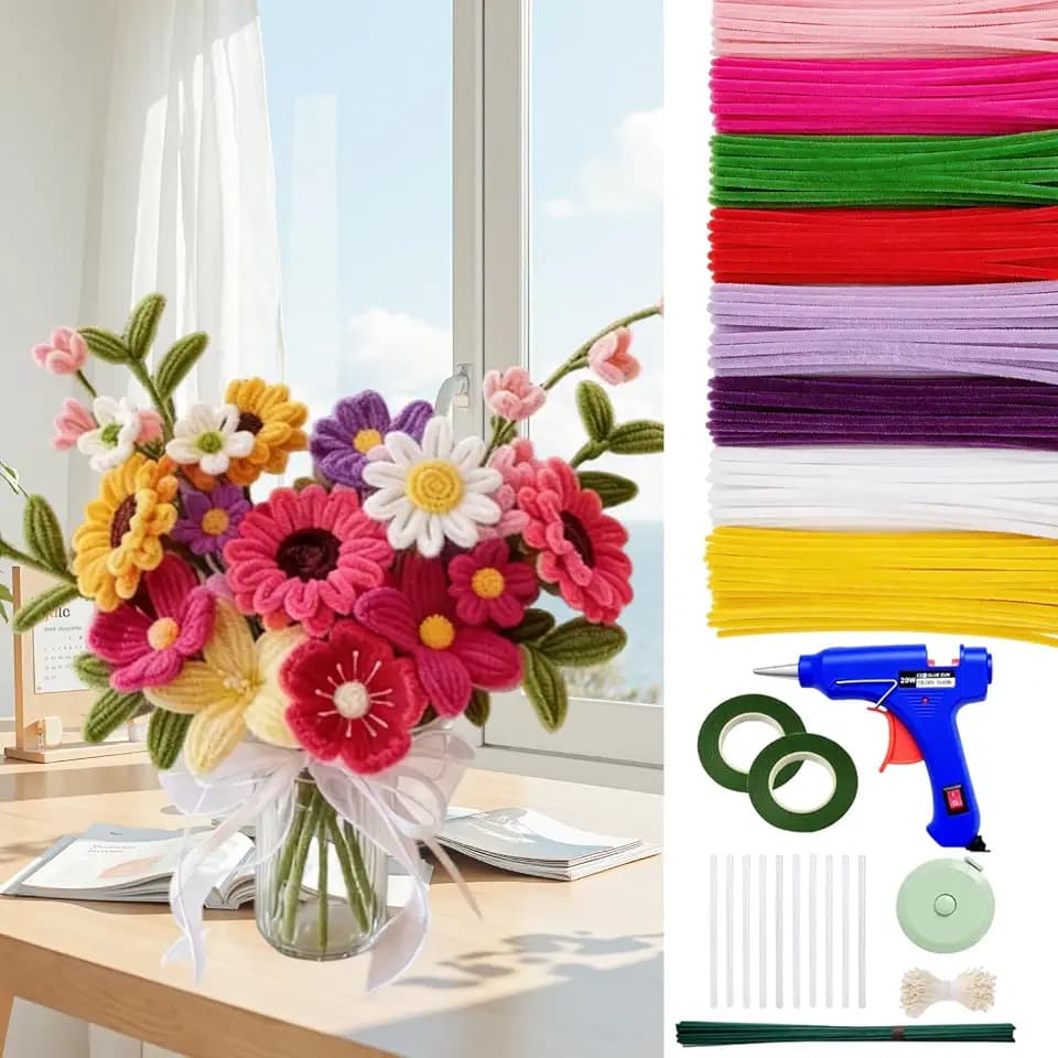 Zeadylaris 500 Pcs Thick Pipe Cleaners Craft Kit for Beginners – 5 Colors Chenille Stems for DIY Flowers & Crafts, with Glue Guns, Floral Wires & Ribbon – Perfect for Family Fun, Holiday & Room Decor