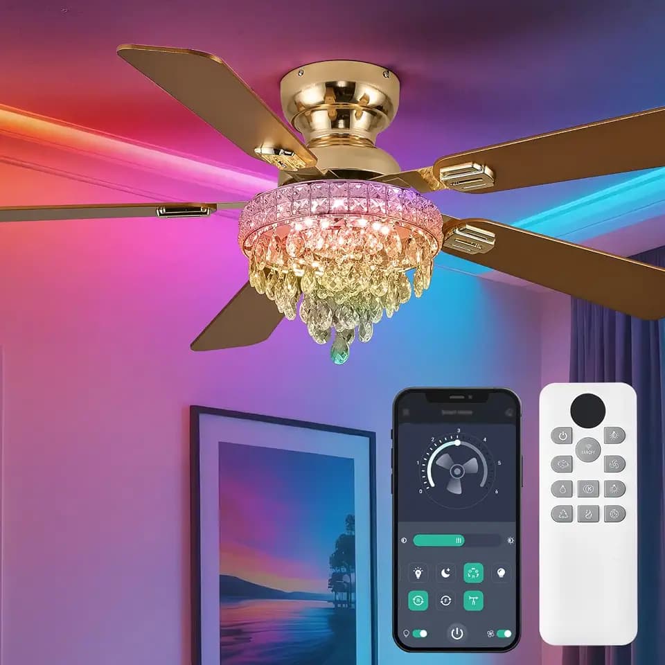 Crystal RGB Ceiling Fan Fandelier -Low Profile Ceiling Fan(52" Gold)