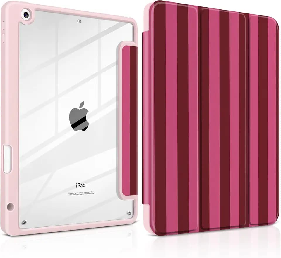 for iPad 9th 8th 7th Generation 10.2 Inch 2021 2020 2019 Case -[Built-in Pencil Holder], Shockproof Clear Hard Back, Slim Trifold Stand, Auto Wake/Sleep, for Girls Teen, Burgundy Stripe