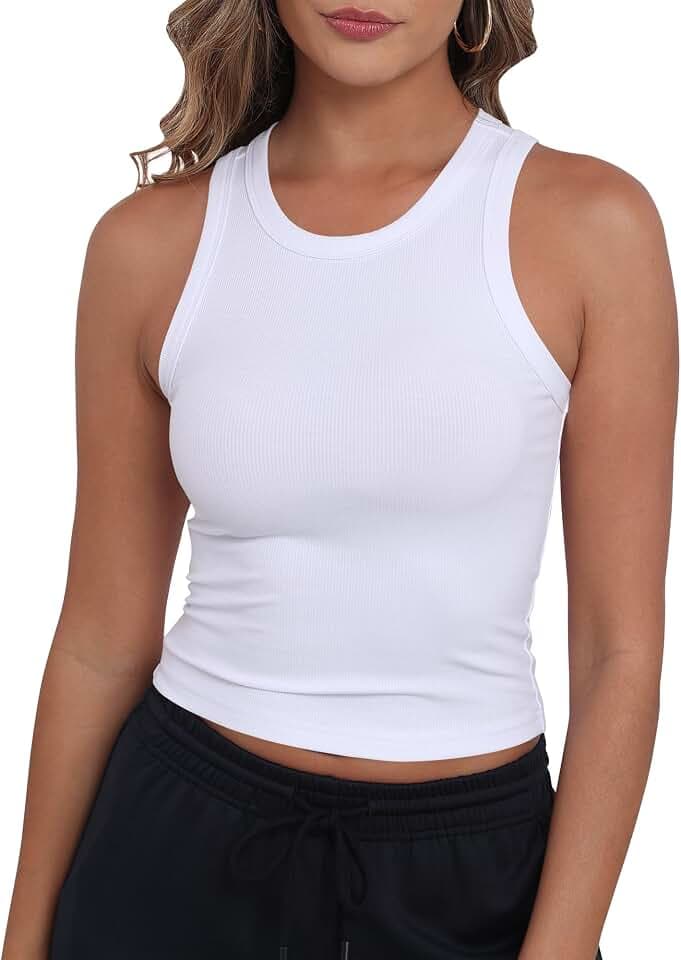 GEMBERA Womens Sleeveless High Neck Racerback Ribbed Knit Fitted Basic Cropped Tank Top
