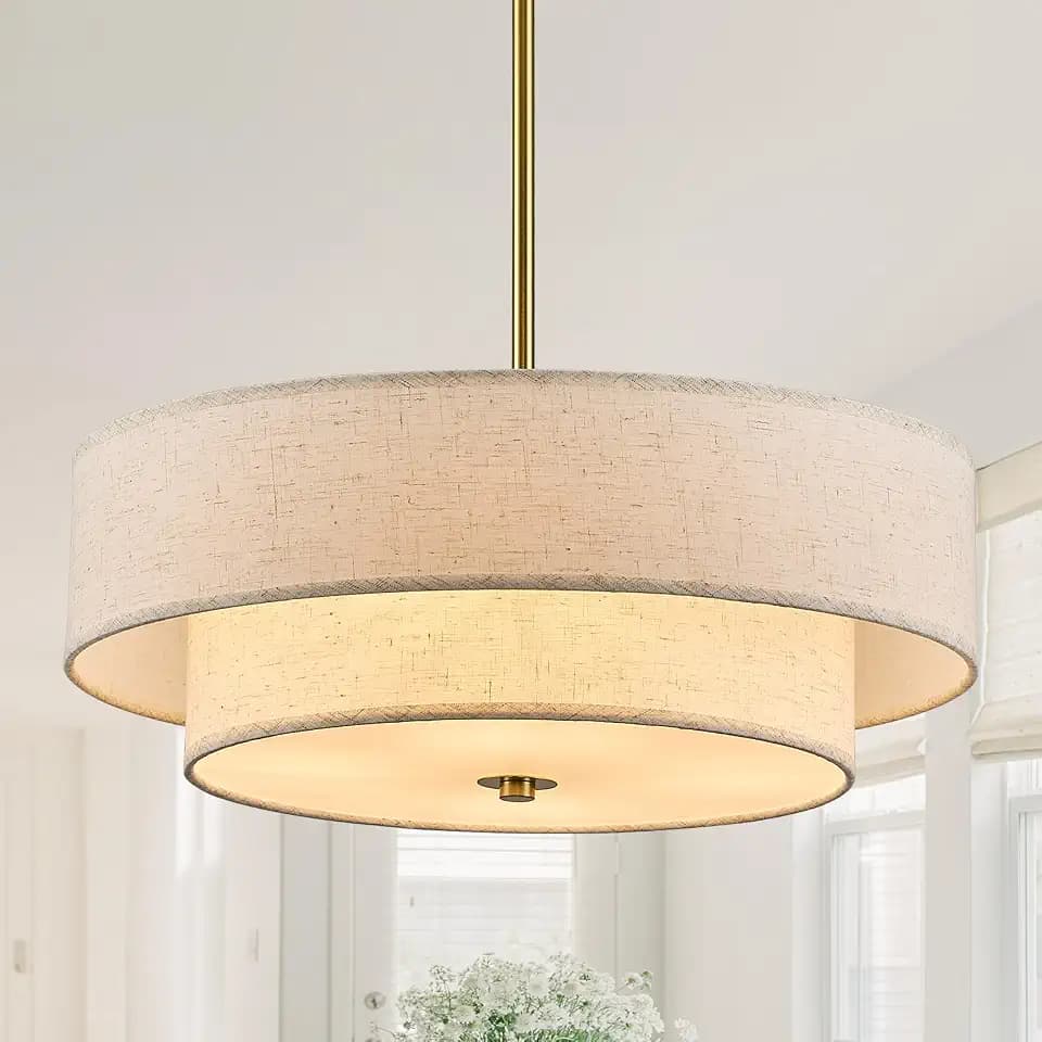 Gold Modern Chandelier 18'' Drum Chandeliers with 2-Layer Fabric Shade 4-Light Linen Pendant Light Fixture for Dining Room Bedroom Kitchen Hallway Foyer