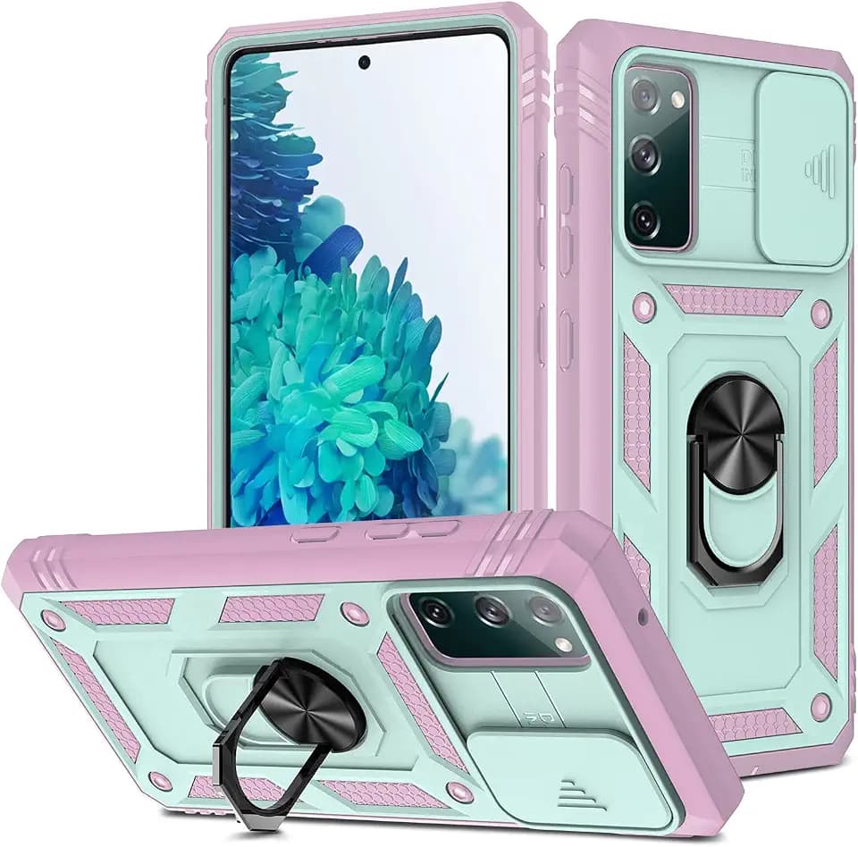 for Samsung S20 FE 5G Case, S20 FE Phone Case with Slide Camera Cover, Military-Grade Heavy Duty Magnetic Kickstand Car Mount Protective Case for Samsung Galaxy S20 FE Case,MintGreen＋Pink