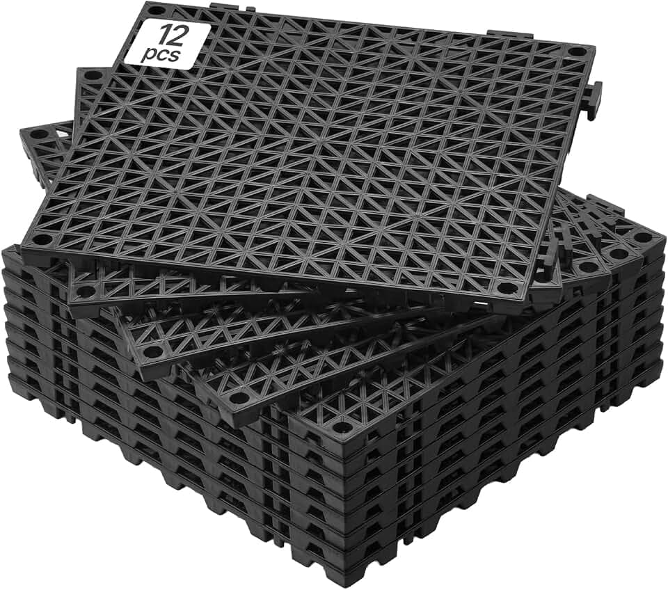 VEVOR Ineinandergreifende Fliesen 12 Stk. Bodenfliesen Drainage-Bodenfliesen, Bodenfliesen 30 x 30 cm Außenbereich Quadratische Bodenfliesen Terrasse PVC Bodenfliesen Badezimmer, Toilette Schwarz
