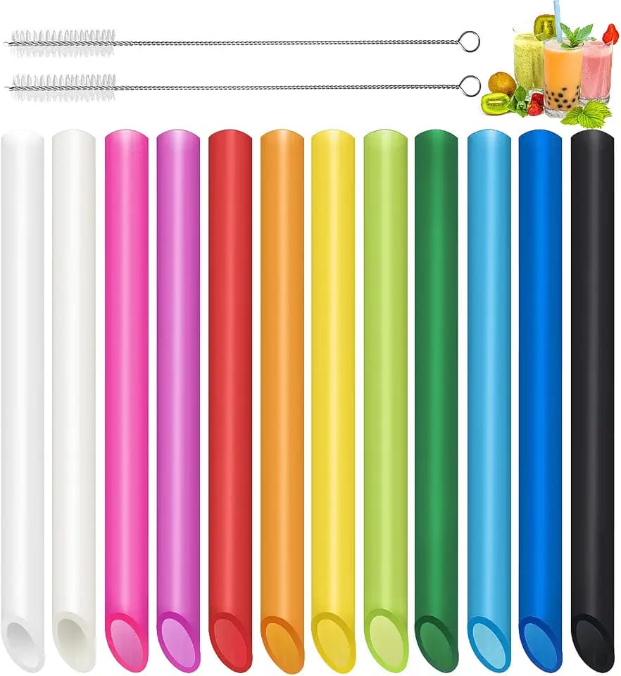 Annvchi 12 Stück Strohhalme Wiederverwendbare Bubble Tea mit 2 Reinigungsbürsten, Farbige Spitzes Dicke Trinkhalme Plastik, Geeignet für alle Arten von Smoothie Milchshakes (13mm×25.5cm)