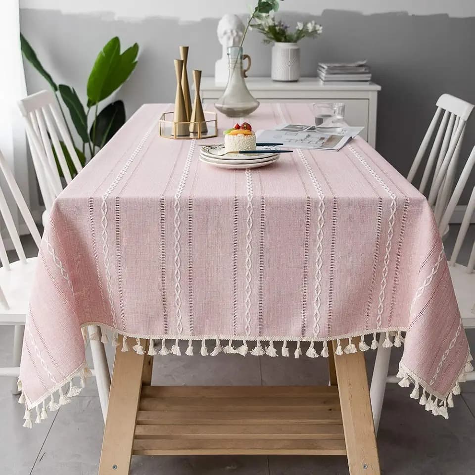 Tischdecken Baumwoll Leinen Tischdecke Quaste Tischdecke für Party Bankett Esstisch (Rosa gestreifte Mulde, 140x220cm(55x86.6inch))