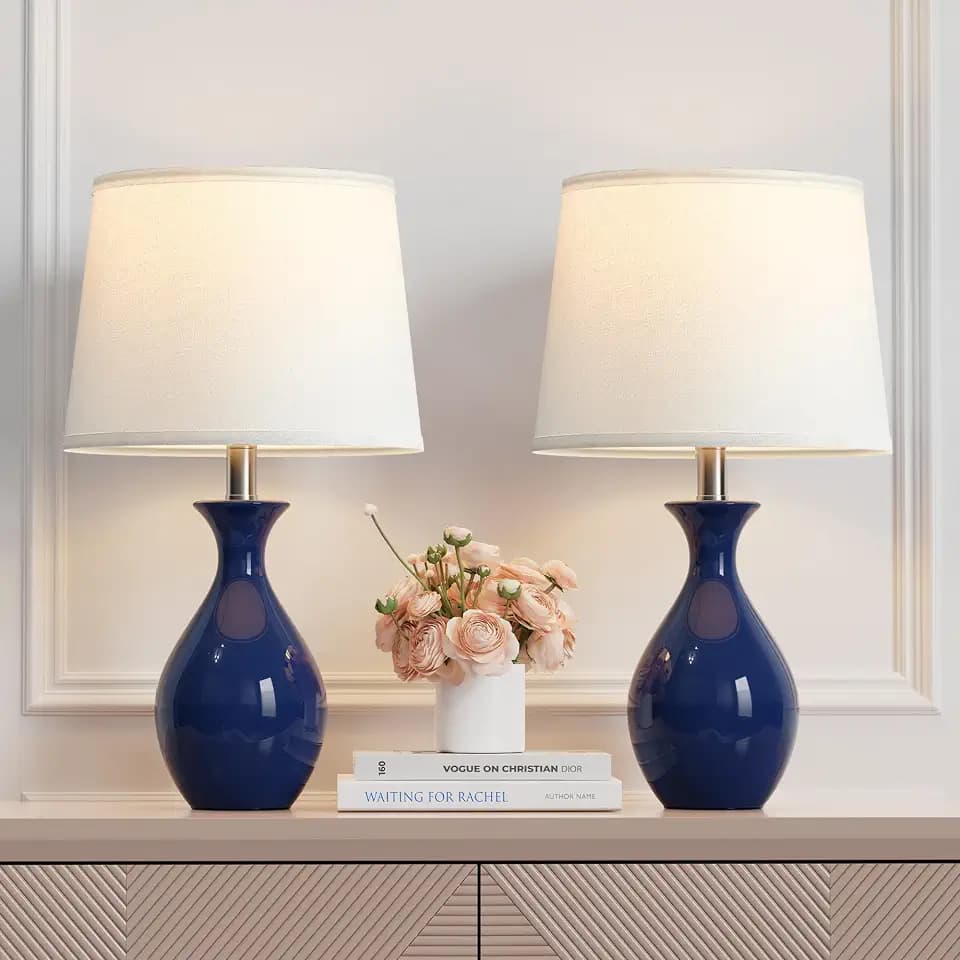 PARTPHONER Table Lamp Set of 2, Modern Ceramic Bedside Lamps for Night Stands, Classic Small Lamp Nightstand Lamp for Bedroom Living Room Desk End Table Rocker Navy Blue