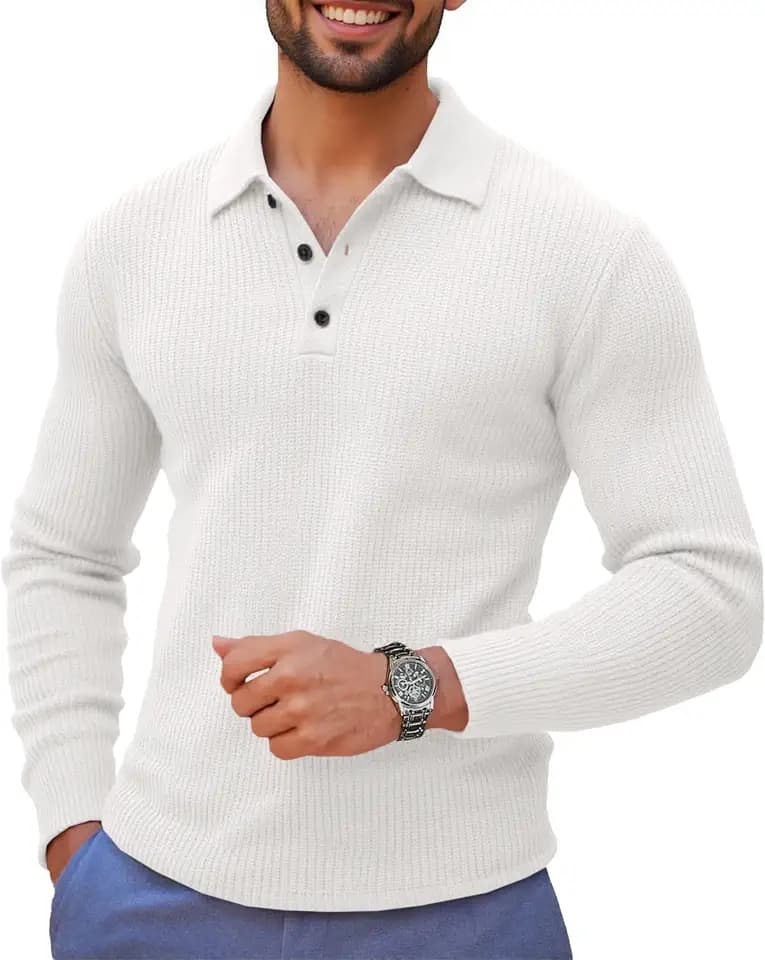Runcati Mens Long Sleeve Polo Sweater Knit Polos V Neck Casual Dress Button Collared Pullover Sweaters White