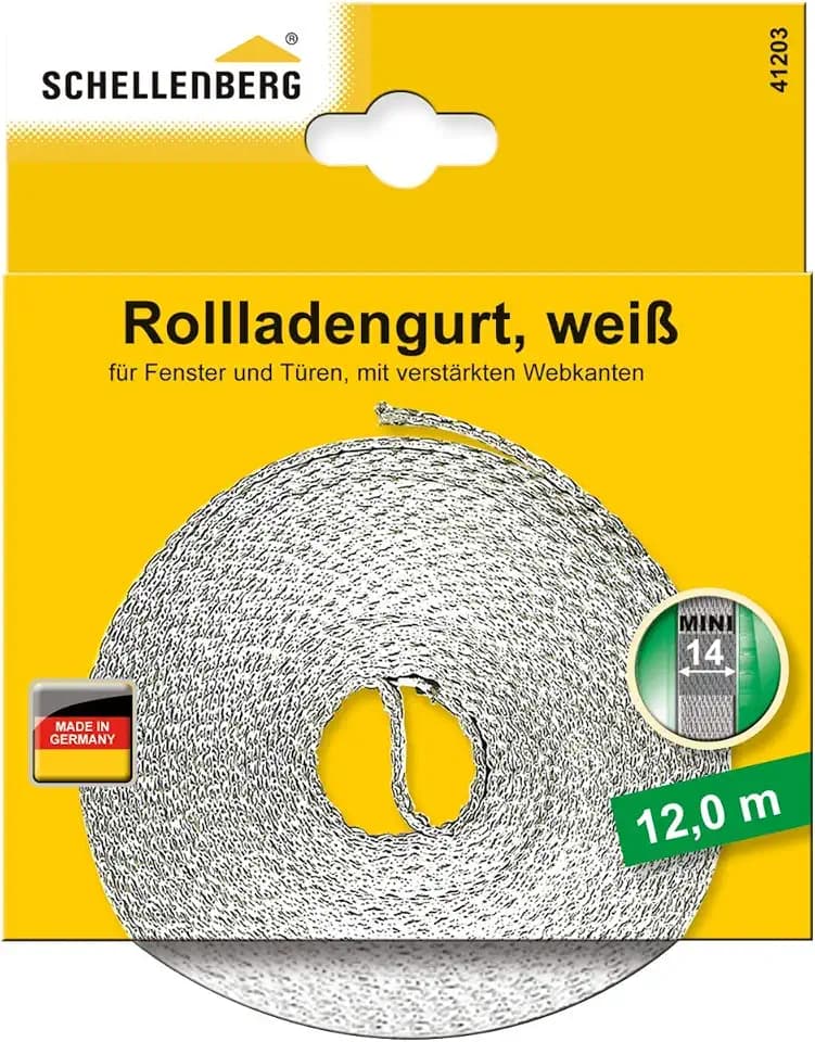 Schellenberg 41203 Rolladengurt 14 mm x 12 m System MINI, Rollladengurt, Gurtband, Rolladenband, weiß