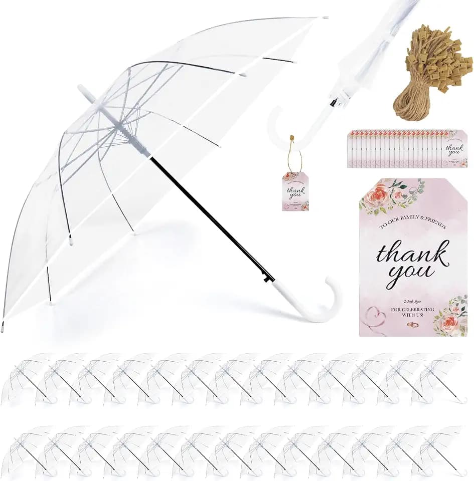 30 Pack Clear Umbrella Wedding, Transparent Stick Umbrella with White J Hook Handle, Windproof Waterproof Large Canopy Umbrella for Bride Groom Photography Golf Outdoor Events