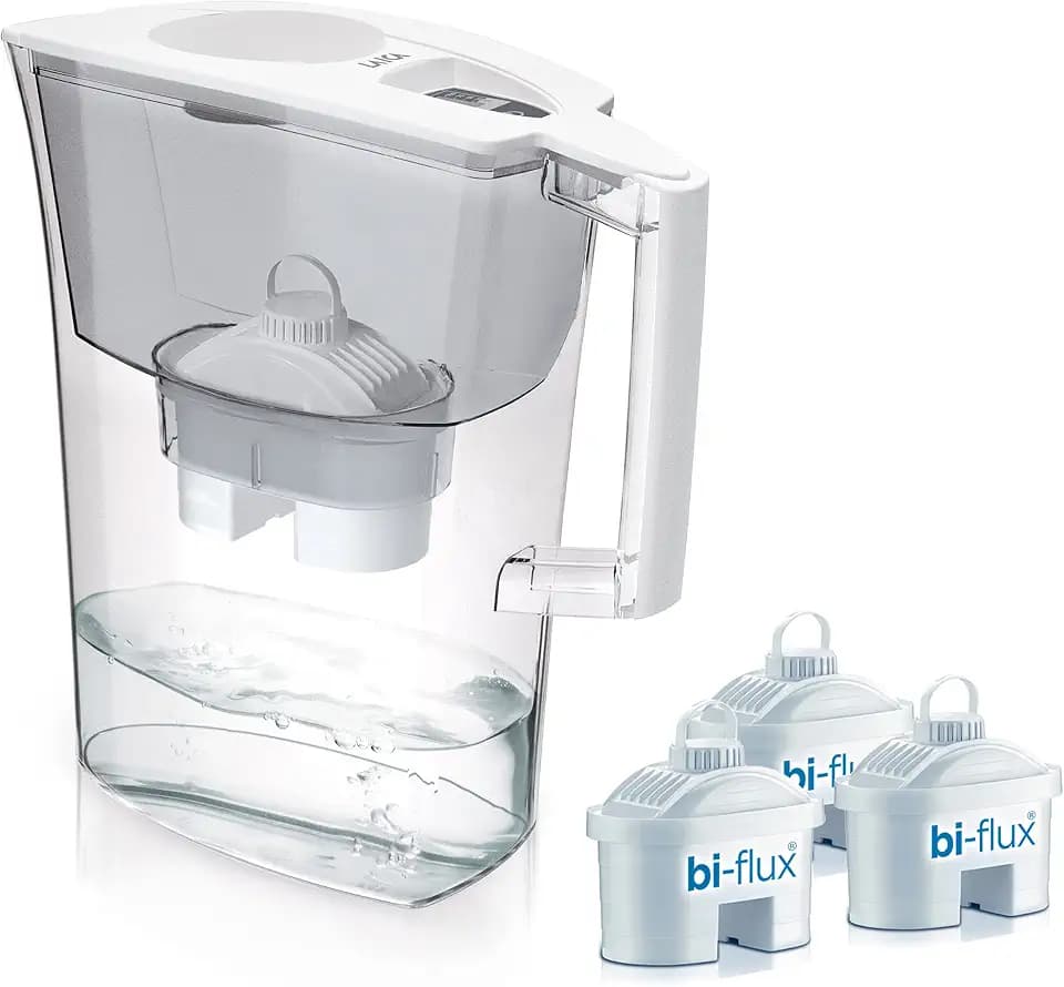 LAICA Primeline Line Wasserfilterkanne - Weiß - 3 L Fassungsvermögen - 3 Bi-Flux-Filter enthalten, bewahrt Mineralien und reduziert unerwünschte Stoffe - Digitaler Timer - Made in Italy