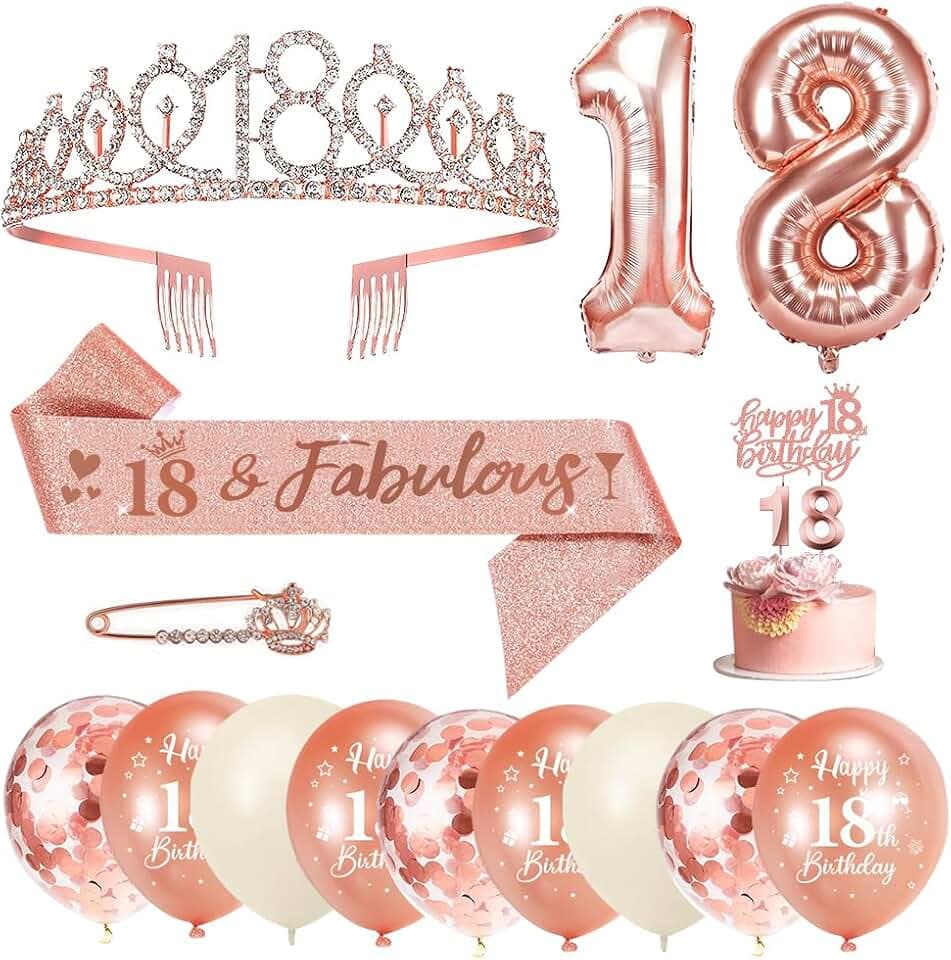 18. Geburtstag Mädchen Deko Set, Krone Schärpe Ballons Set