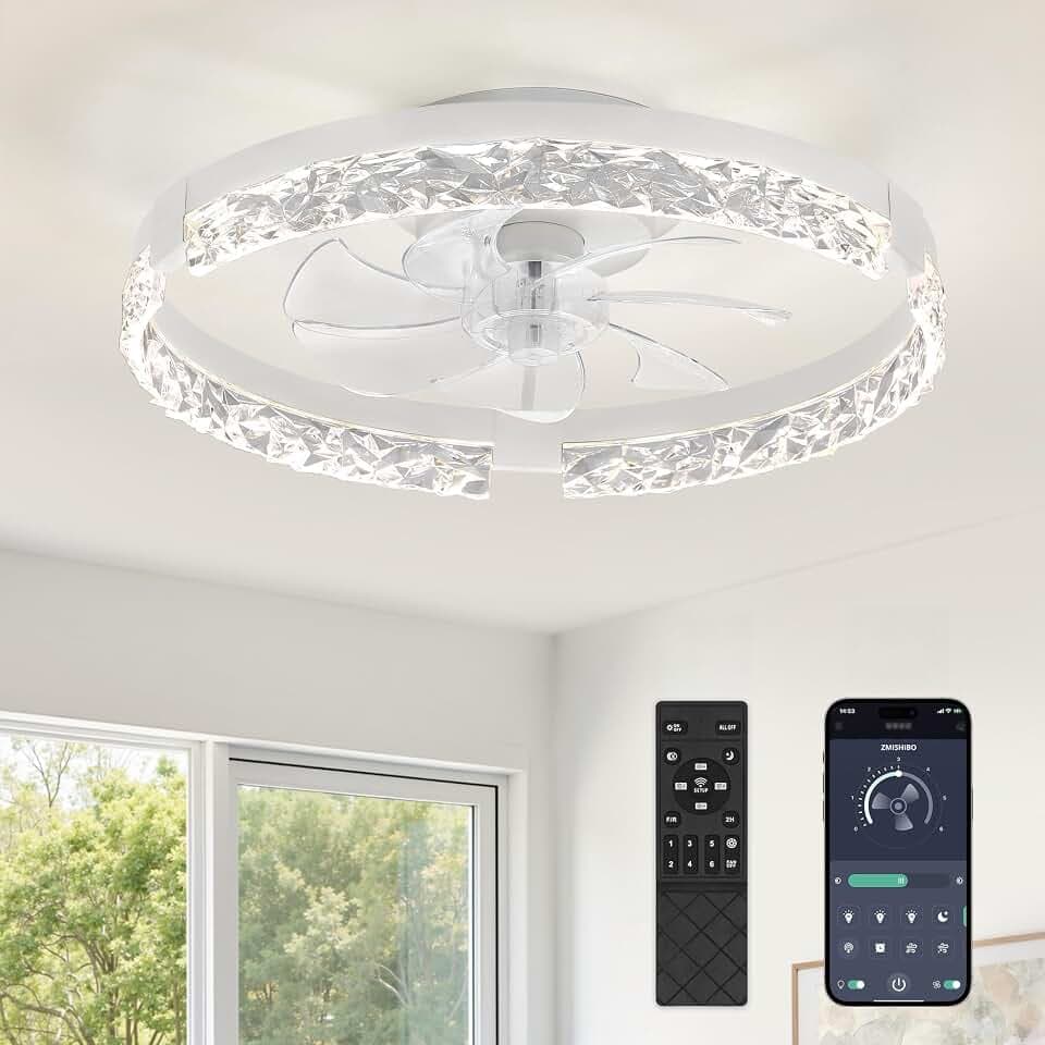 ZMISHIBO 19.7" Ceiling Fans with Lights, Low Profile Ceiling Fan and Remote, Flush Mount Ceiling Fans, Stepless Dimmable LED Light, White Fixtures for Bedroom, Living Room