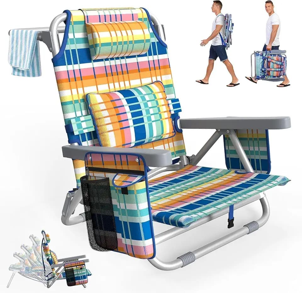 Suteck Beach Chair, Adjustable 5-Position Backpack Beach Chairs for Adults Kids, Foldable Lay Flat Chair with Cooler Bag, Cup Holder and Lumbar Pillow, Reclining Lay Down Chairs (1, Blue&Yellow)