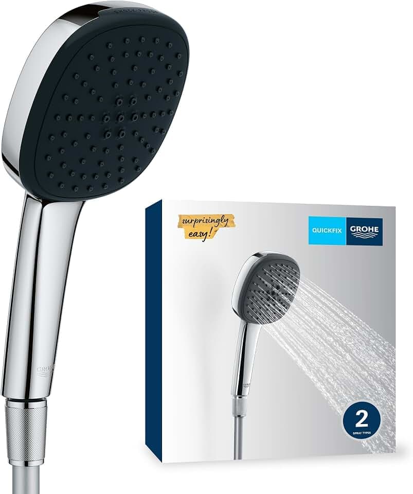 GROHE Vitalio 110, Duschkopf mit Schlauch, 14l pro Min (Handbrause 2 Strahlarten, Universalanschluss, Silikonring schützt bei Stürzen, Duschbrause mit Duschschlauch 1,5m), eckig, chrom, 26973001
