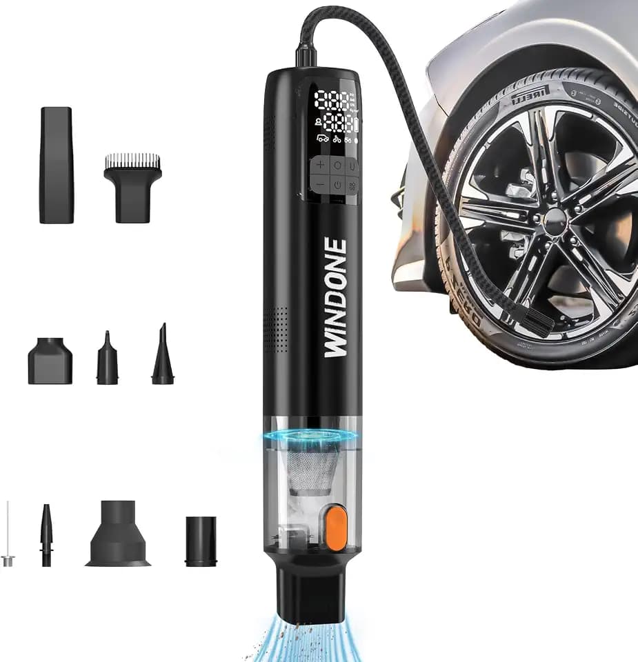 Cybergoing Portable Tire Inflator & Mini Vacuum, 150 PSI Cordless Air Compressor with Deflate Function, LED Display, Auto Shut-Off, Rechargeable Air Pump for Car, Bike, Motorcycle, Balls & Inflatables