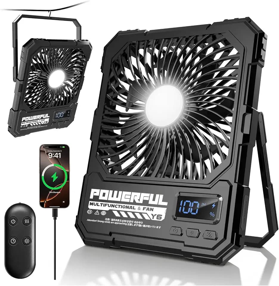 20000mAh Akku Camping Ventilator mit Lampe, 17-82 Std Laufzeit. Tragbarer Reise Ventilator mit Fernbedienung Timer, Haken Ultraflach 5 Stufen, USB Tischventilator für Zelt, Outdoor, Reisen, Wohnmobil
