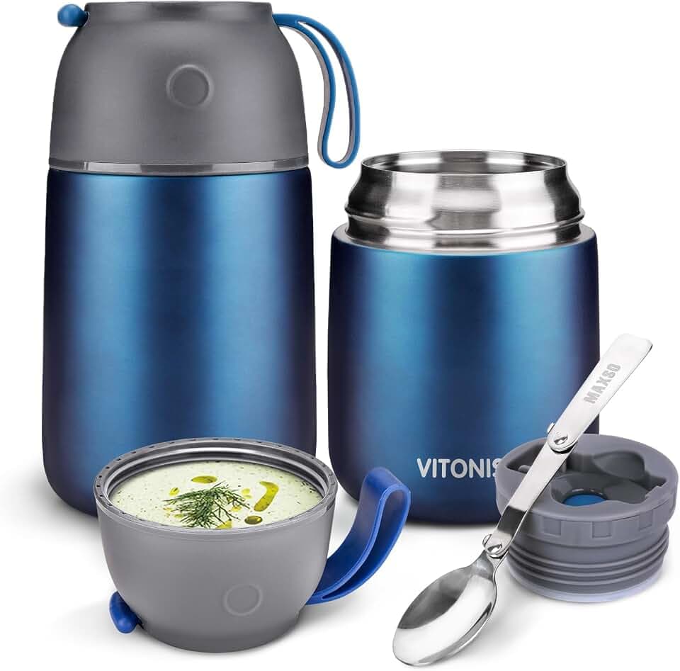 VITONIS Thermobehälter für Essen 500ml + 700ml, mit faltbaren Löffeln, Edelstahl Warmhaltebox Thermo-Essensbehälter, BPA-frei, Blau