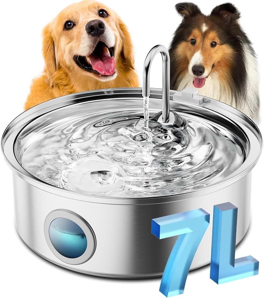 oneisall Trinkbrunnen für Hunde | 7L Hundetrinkbrunnen, Edelstahl mit großem Sichtfenster, LED-Licht, Ultraleise Pumpe mit Überlastschutz, 5-Schicht Filtration