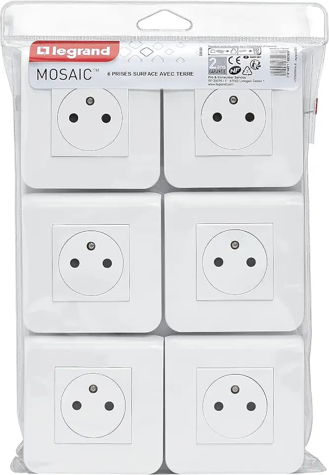 LEGRAND - Elektrische Wandsteckdose mit Erde Mosaic Oberfläche – Steckdose 2P + T + Abdeckplatte + Schraubhalterung – hergestellt in Frankreich – Weiß – 6 Stück