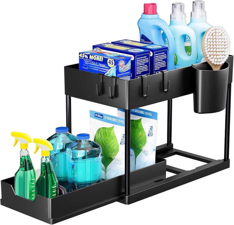 Puricon Unter Waschbecken Regal Spülschrank Organizer, 2 Etagen Standregal Küche Arbeitsplatte Regal Organizer, Mehrfunktional Küchenregal Gewürzregal Unterschrankregal Spülschrankregal -Schwarz