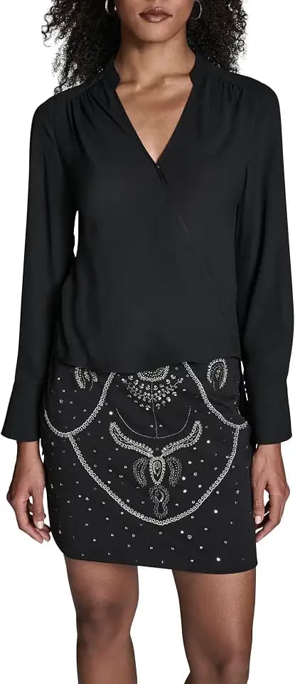 BCBG Women's Long Sleeve Vneck Wrap Top with High Low Detail