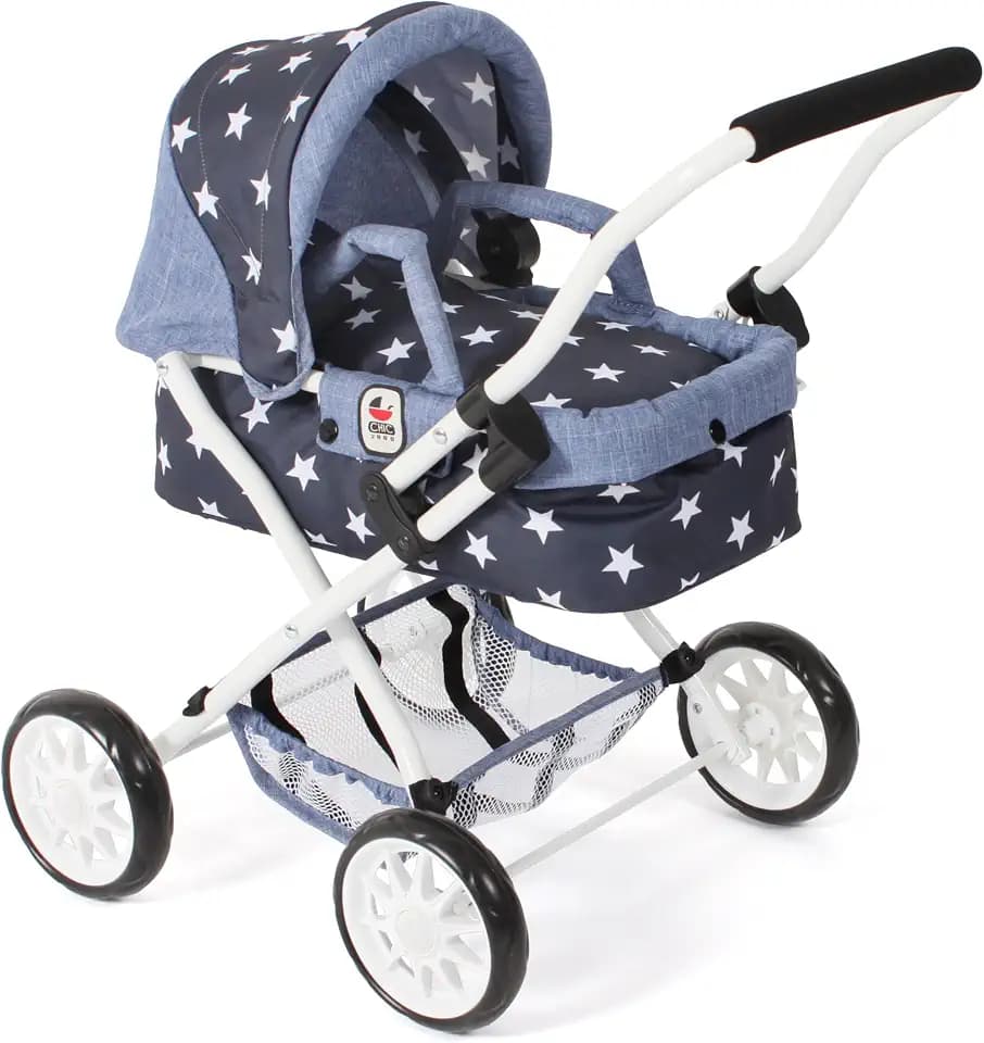 Bayer Chic 2000® Puppenwagen Smarty – Sternchen Navy – Zusammenklappbar – Mit Verdeck, Tasche, Kissen & Decke – Griffhöhe 56 cm – Für Kinder ab 2 Jahren
