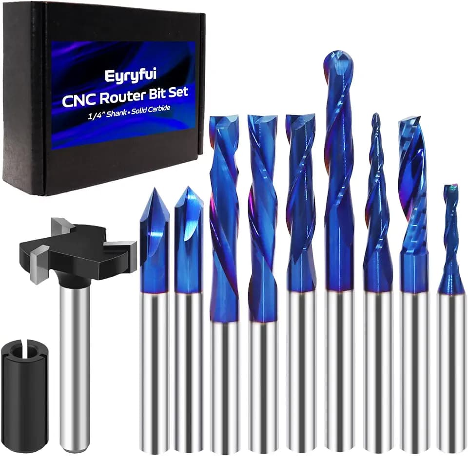 10Pcs CNC Router Bits Set, 1/4" Shank Solid Carbide Multiple Uses Router Bit for Woodworking Detail Carving Trimming V Groove Engraving Slotting Mortise MDF Resin Lettering Sign Making-Type A