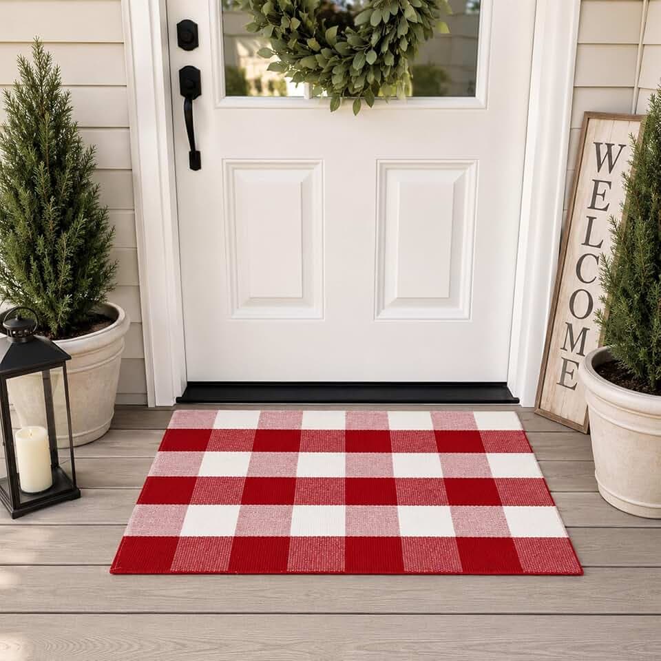 USTIDE Buffalo Check Plaid Doormat Red and White 2'x3'Hand Woven Cotton Plaid Rugs Farmhouse Layered Door Perfect for Front Door Porch Outdoor Rug
