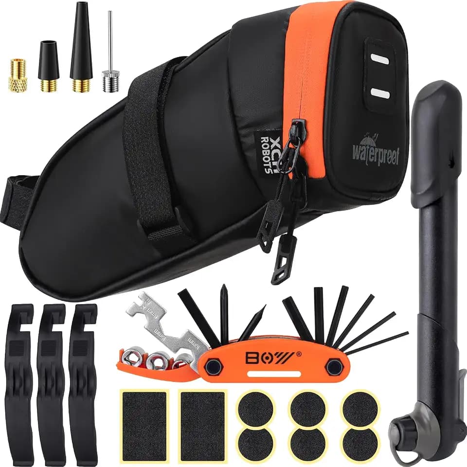 Bicycle Saddle Repair Bag with Tire Patch and Inflate Pump - Portable Travel Emergency Tool Kit, Bike Accessories for Adult Bikes with IPX4 Waterproof