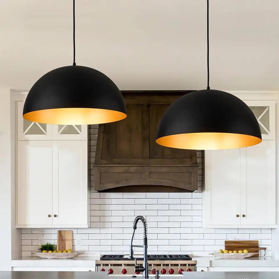 16 Inch Industrial Pendant Lighting for Kitchen Island, Black and Gold Metal Dome Pendant Light Fixtures, Hemispherical Hanging Ceiling Light E26 Base for Reading Dining Room Foyer Cafe, 2 Pack